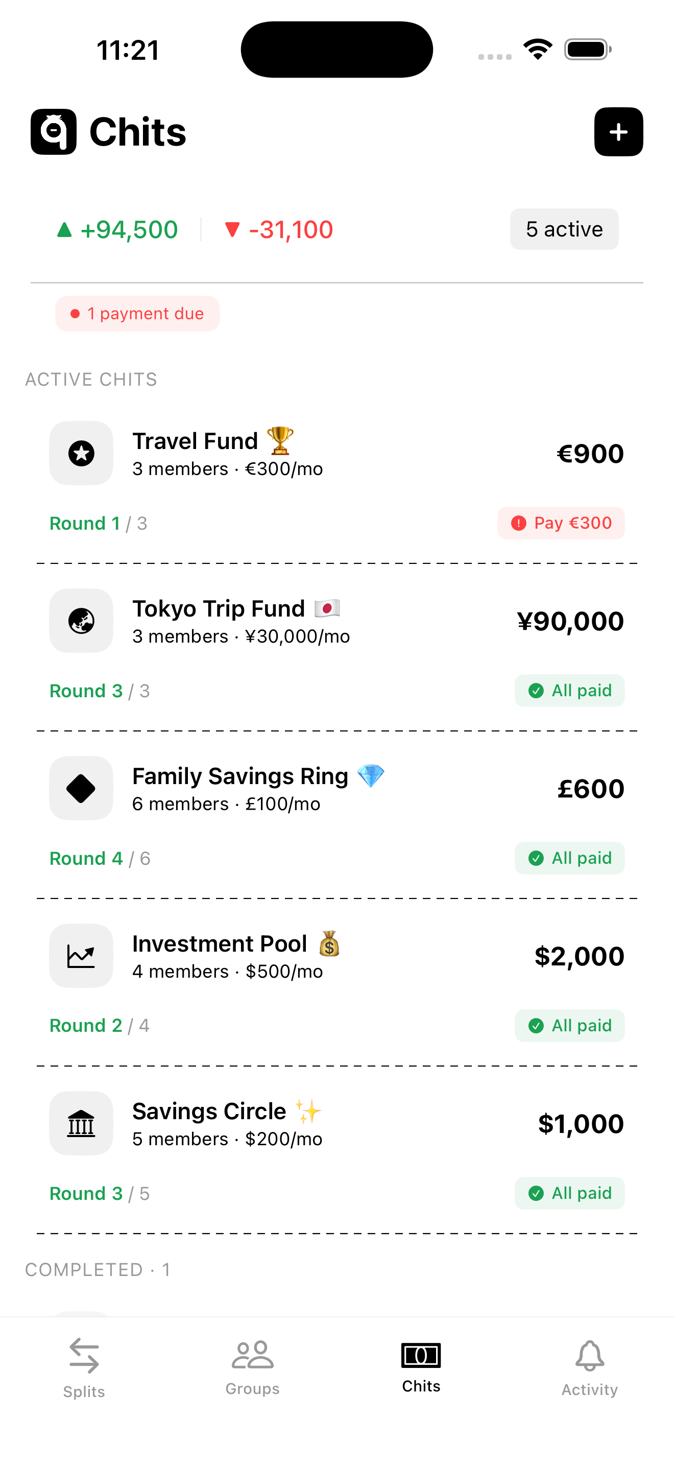 Chaaq chit fund — savings circle with rounds, winners, and pool amounts