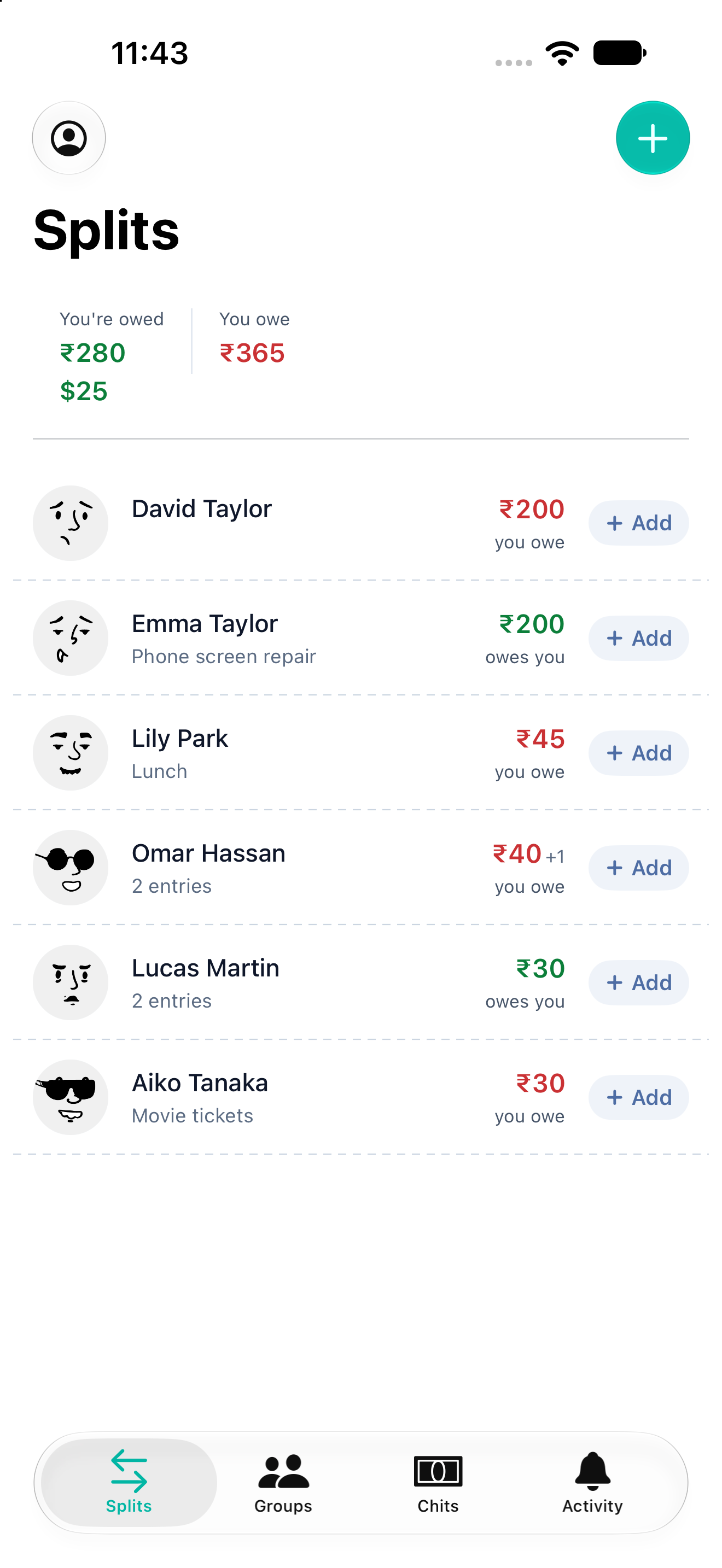 Chaaq Splits tab: friends with what they owe you or what you owe them
